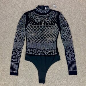 Day G Rhinestone Embellished Bodysuit Women Small Black Sheer Goth Glam Rave New